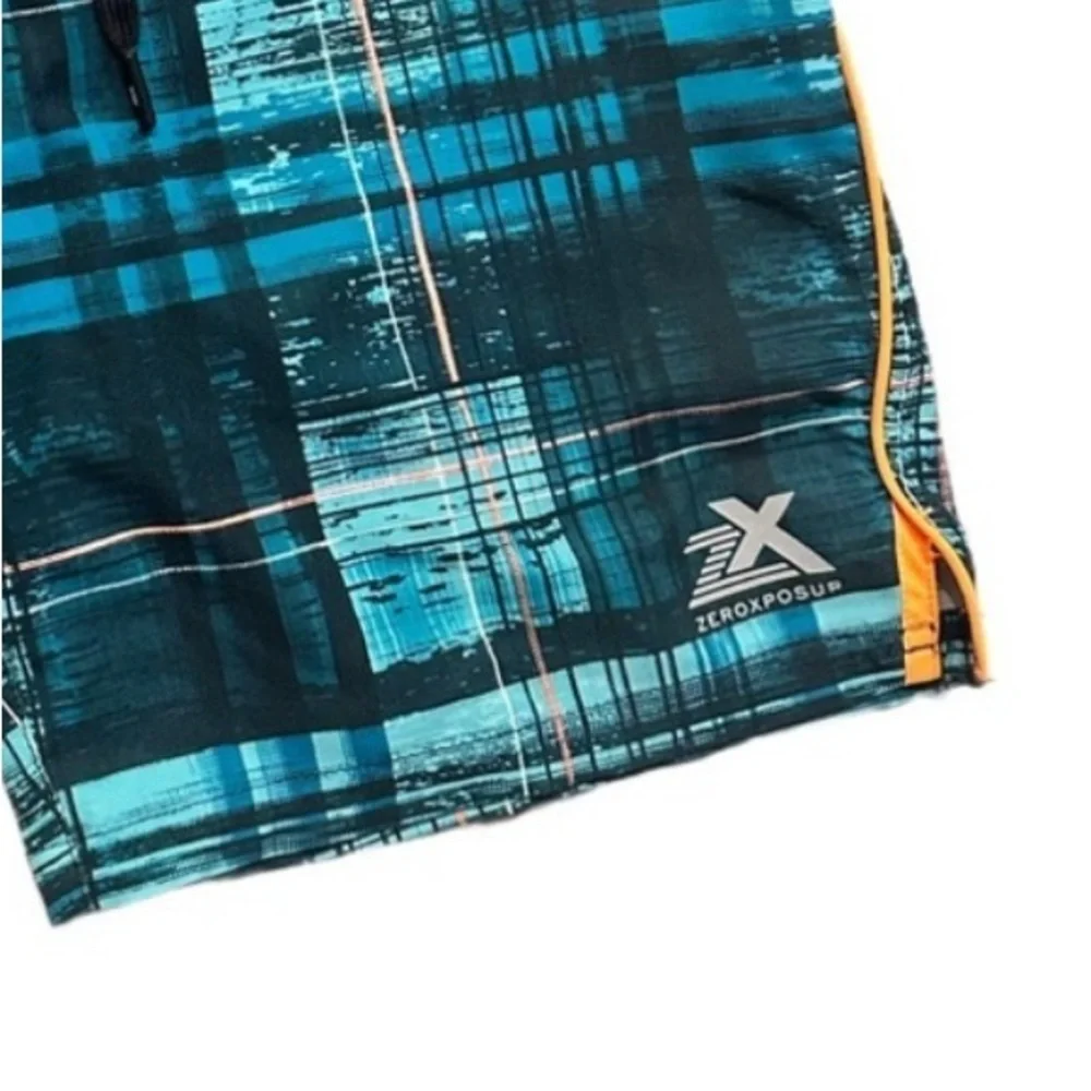 ZEROEXPOSUP ~ Men’s Blue Plaid Swim Shorts with Orange Accents size M